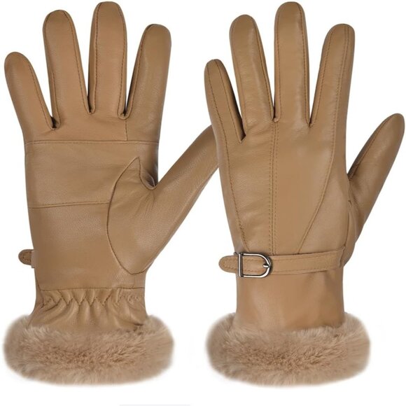 Harssidanzar Women's Khaki Winter Warm Lined With Fur Cuff Leather Gloves - Picture 1 of 7